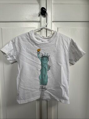 Mini Rodini White Tee with Teal Statue of Liberty Cat Graphic